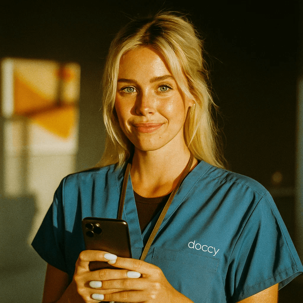 Healthcare professional holding phone with Doccy app