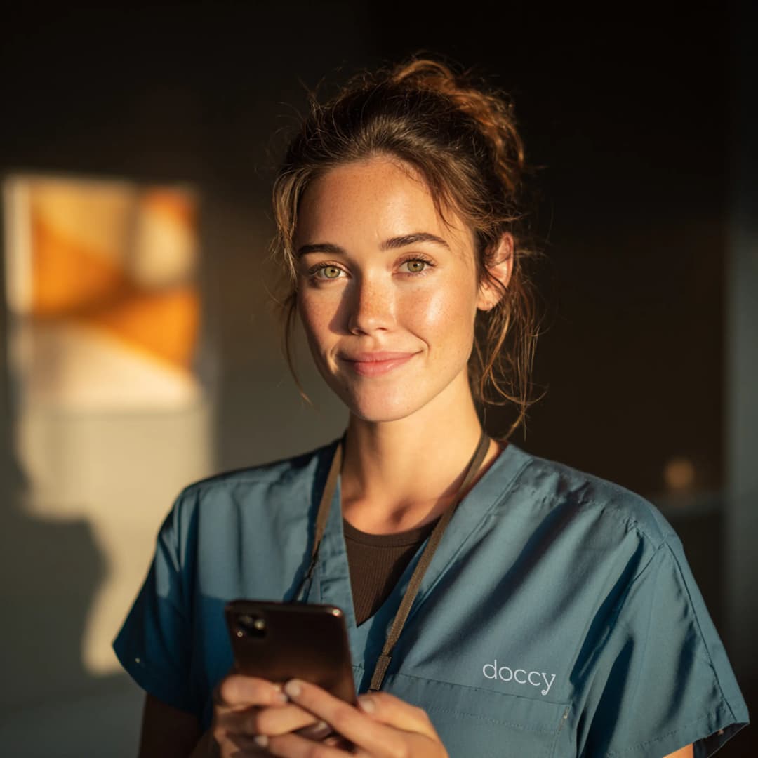Healthcare professional holding phone with Doccy app