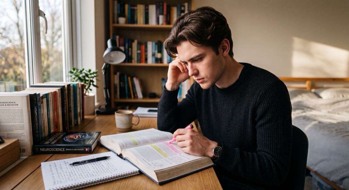 Student at his desk reading over a highlighted textbook