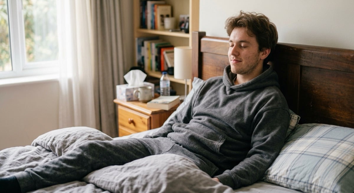 Student resting in bed with tissues and a cup of tea beside him