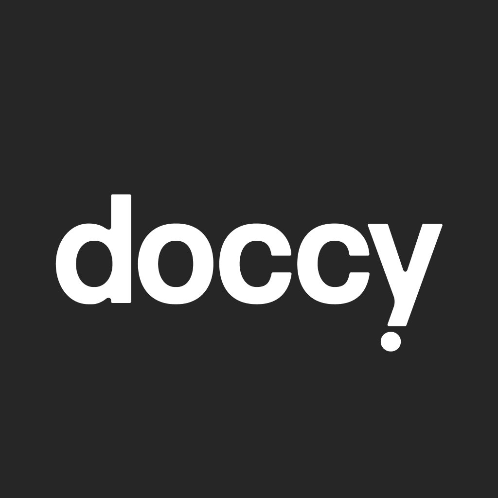 Doccy wordmark on dark square background, large PNG